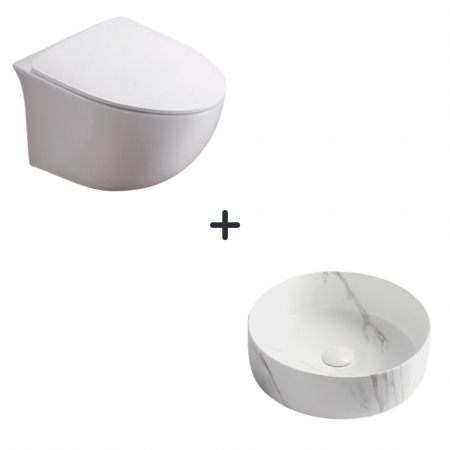 Perechea perfecta - Set vas wc rimless cu capac soft close Alice plus lavoar baie rotund cu efect marmura