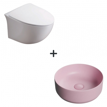 Perechea perfecta - Set vas wc rimless cu capac soft close Alice plus lavoar baie rotund roz mat