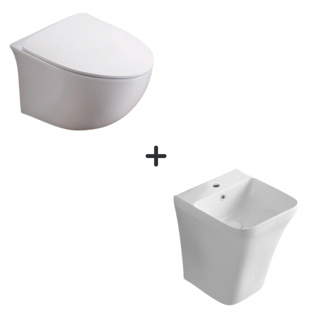 Perechea perfecta - Set vas wc rimless cu capac soft close Alice plus lavoar baie suspendat alb lucios