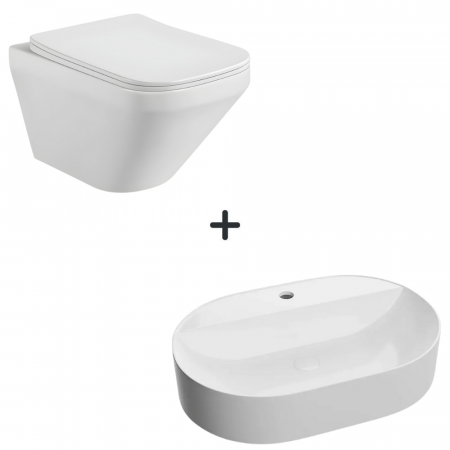 Festivalul reducerilor - Set vas wc rimless cu capac soft close Bristol plus lavoar baie alb cu orificiu baterie