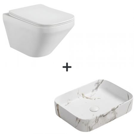 Seturi vase WC cu lavoar - Set vas wc rimless cu capac soft close Bristol plus lavoar baie dreptunghiular cu efect marmura