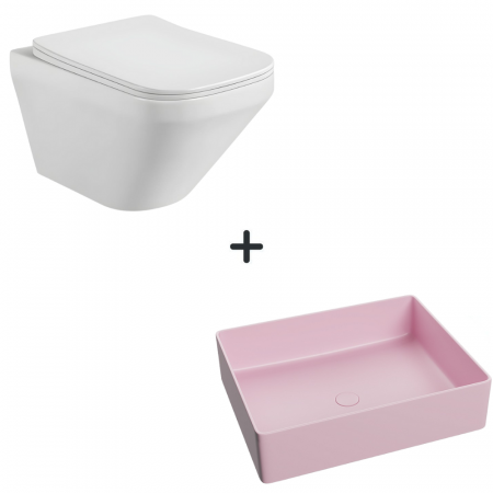 Perechea perfecta - Set vas wc rimless cu capac soft close Bristol plus lavoar baie dreptunghiular roz mat