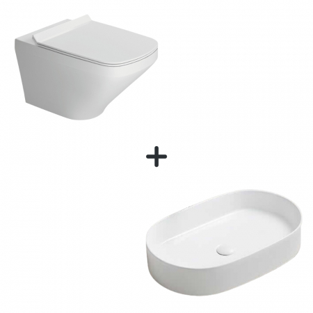 Baie completa - Set vas wc rimless cu capac soft close Bristol plus lavoar baie oval alb lucios
