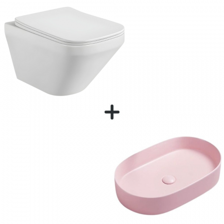 Festivalul reducerilor - Set vas wc rimless cu capac soft close Bristol plus lavoar baie oval roz mat