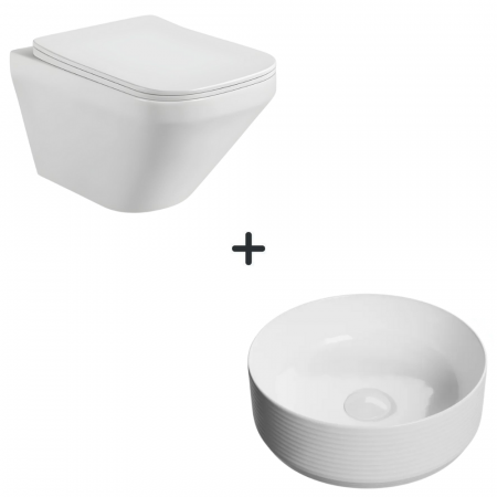 Festivalul reducerilor - Set vas wc rimless cu capac soft close Bristol plus lavoar baie rotund alb