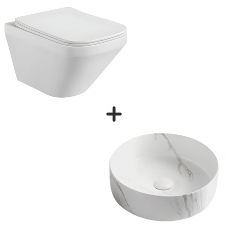 Festivalul reducerilor - Set vas wc rimless cu capac soft close Bristol plus lavoar baie rotund cu efect marmura