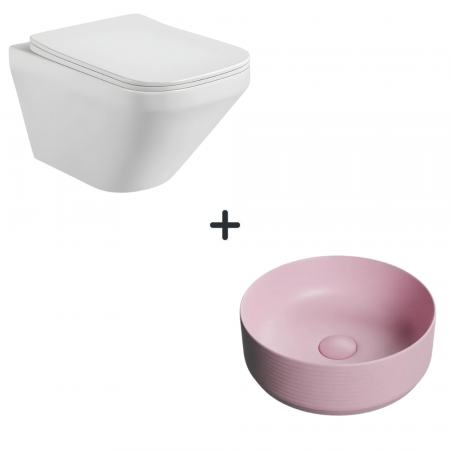 Festivalul reducerilor - Set vas wc rimless cu capac soft close Bristol plus lavoar baie rotund roz mat