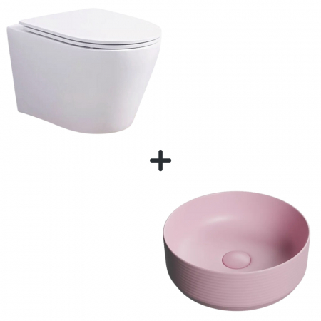 Baie completa - Set vas wc rimless cu capac soft close Clementina plus lavoar baie rotund roz mat