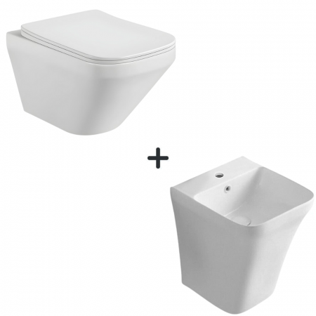 Festivalul reducerilor - Set vas wc rimless cu capac soft close Bristol plus lavoar baie suspendat alb lucios