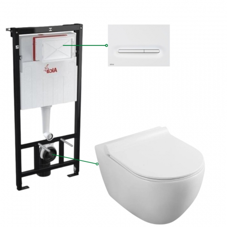 Set vas wc rimless cu capac soft close Fluminia Minerva, rezervor incastrat si clapeta alb mat Alcadrain M1876 [0]
