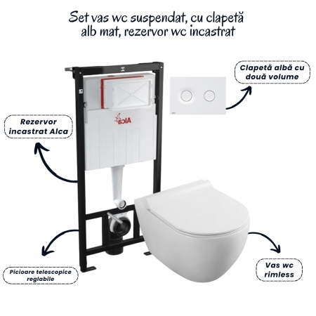 Set vas wc rimless cu capac soft close Fluminia Minerva, rezervor incastrat si clapeta alb mat Alcadrain M1976 [1]
