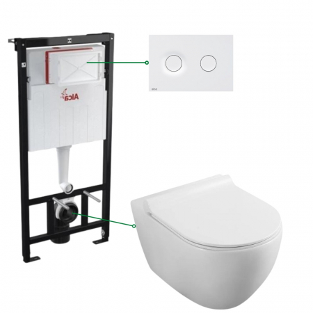 Seturi vas WC suspendat cu rezervor incastrat si clapeta - Set vas wc rimless cu capac soft close Fluminia Minerva, rezervor incastrat si clapeta alb mat Alcadrain M1976