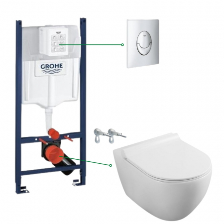 Seturi vas WC suspendat cu rezervor incastrat si clapeta - Set vas wc rimless cu capac soft close Fluminia Minerva, rezervor incastrat si clapeta crom Skate Air Grohe