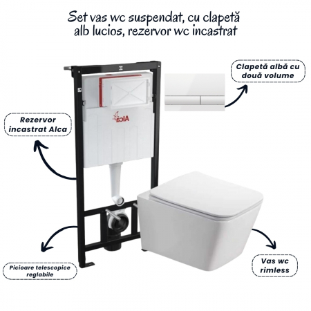 Set vas wc rimless cu capac soft close Fluminia Paris, rezervor incastrat si clapeta alba Alcaplast [1]