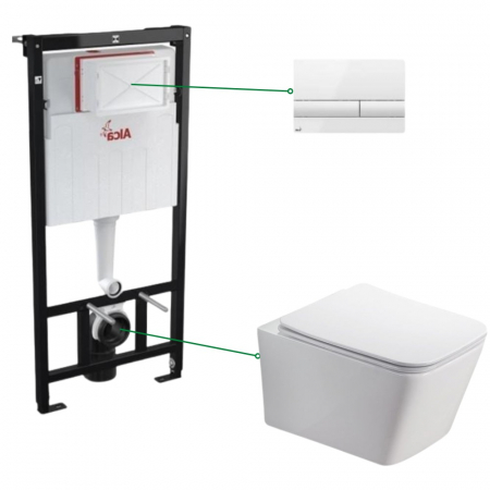 Seturi vas WC suspendat cu rezervor incastrat si clapeta - Set vas wc rimless cu capac soft close Fluminia Paris, rezervor incastrat si clapeta alba Alcaplast