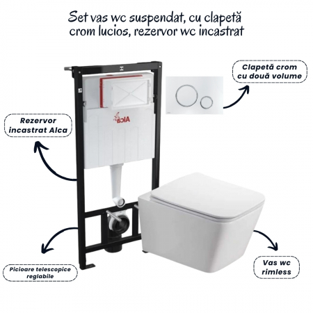 Set vas wc rimless cu capac soft close Fluminia Paris, rezervor incastrat si clapeta crom lucios Alcaplast [1]