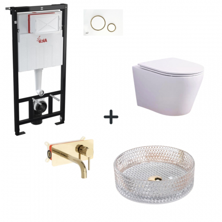 Baie completa - Set vas wc rimless cu capac soft close, lavoar baie, baterie incastrata si rezervor wc cu clapeta alb lucios