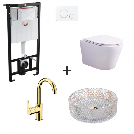 Baie completa - Set vas wc rimless cu capac soft close, lavoar baie, baterie si rezervor wc cu clapeta alb mat