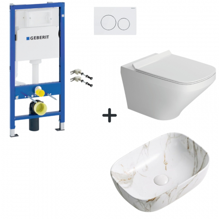 Seturi vase WC cu lavoar - Set vas wc rimless cu capac soft close, lavoar baie efect marmura si rezervor wc cu clapeta alba