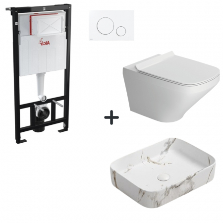 Seturi vase WC cu lavoar - Set vas wc rimless cu capac soft close, lavoar baie efect marmura si rezervor wc cu clapeta alba