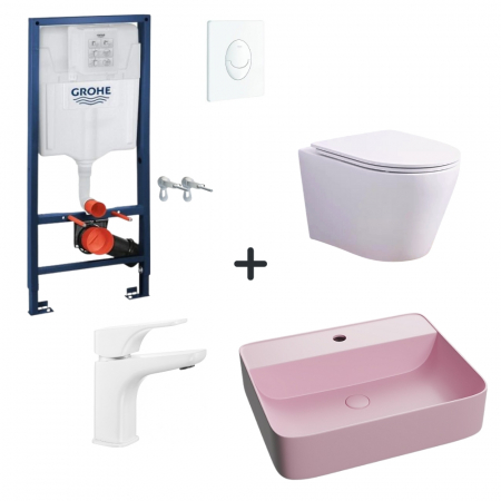 Baie completa - Set vas wc rimless cu capac soft close, lavoar baie roz mat, baterie si rezervor wc Rapid SL cu clapeta alba