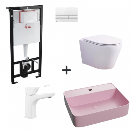 Baie completa - Set vas wc rimless cu capac soft close, lavoar baie roz mat, baterie si rezervor wc cu clapeta alb lucios