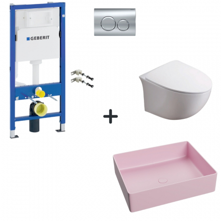 Perechea perfecta - Set vas wc rimless cu capac soft close, lavoar baie roz mat si rezervor wc cu clapeta crom lucios