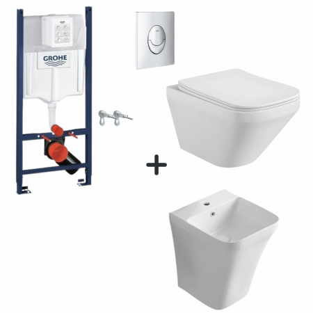 Perechea perfecta - Set vas wc rimless cu capac soft close, lavoar baie suspendat si rezervor wc cu clapeta crom
