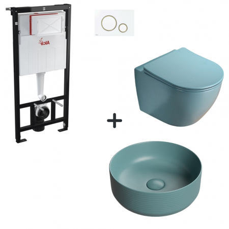 Baie completa - Set vas wc rimless cu capac soft close, lavoar baie verde turcoaz rotund si rezervor wc cu clapeta alba detalii aurii