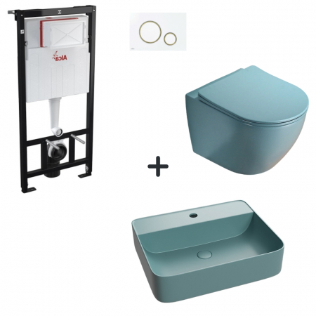 Baie completa - Set vas wc rimless cu capac soft close, lavoar baie verde turcoaz si rezervor wc cu clapeta alba detalii aurii