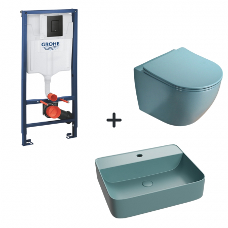 Seturi vase WC cu lavoar - Set vas wc rimless cu capac soft close, lavoar baie verde turcoaz si rezervor wc cu clapeta negru mat