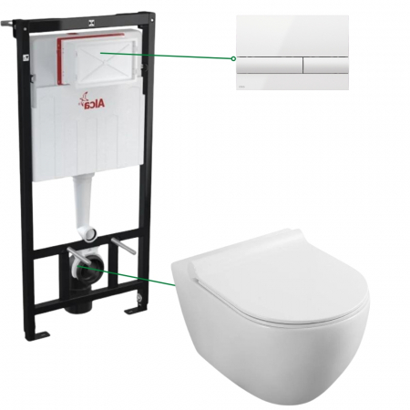 Seturi vas WC suspendat cu rezervor incastrat si clapeta - Set vas wc rimless cu capac soft close Minerva, rezervor incastrat si clapeta