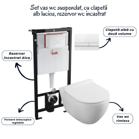 Set vas wc rimless cu capac soft close Minerva, rezervor incastrat si clapeta [1]