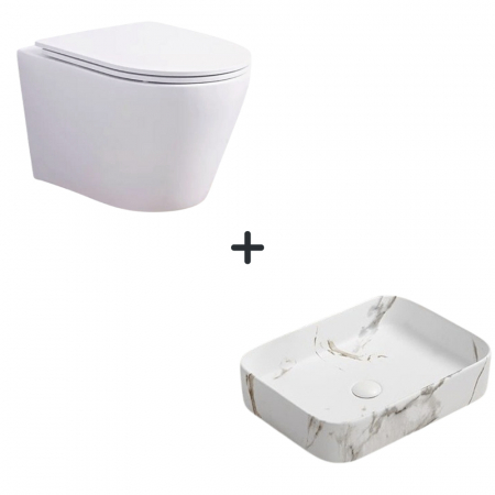 Seturi vase WC cu lavoar - Set vas wc rimless cu capac soft close Oslo plus lavoar baie dreptunghiular cu efect marmura