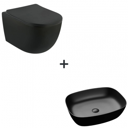 Seturi vase WC cu lavoar - Set vas wc cu capac soft close Oslo plus lavoar baie dreptunghiular margini rotunde negru mat