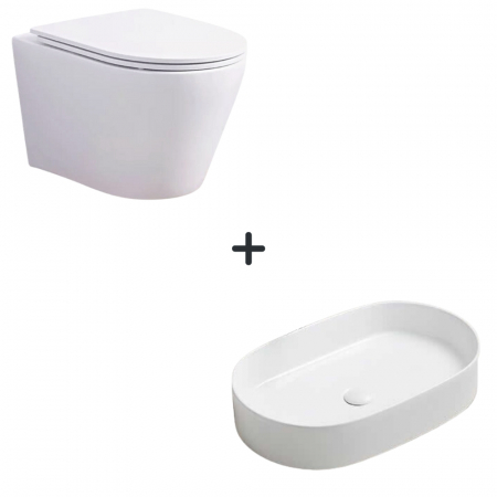 Baie completa - Set vas wc rimless cu capac soft close Oslo plus lavoar baie oval alb lucios