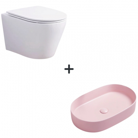 Perechea perfecta - Set vas wc rimless cu capac soft close Clementina plus lavoar baie oval roz mat