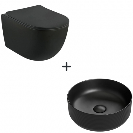 Seturi vase WC cu lavoar - Set vas wc tornado cu capac soft close Oslo plus lavoar baie rotund negru mat