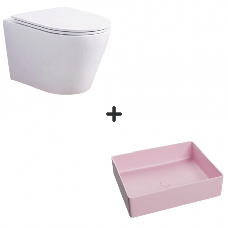 Perechea perfecta - Set vas wc rimless cu capac soft close Oslo plus lavoar baie dreptunghiular roz mat