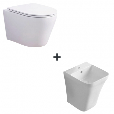 Baie completa - Set vas wc rimless cu capac soft close Oslo plus lavoar baie suspendat alb lucios