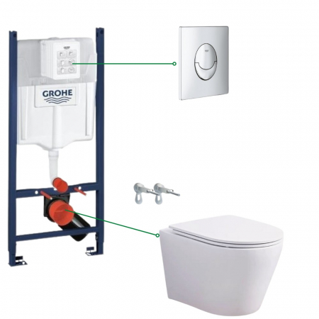 Seturi vas WC suspendat cu rezervor incastrat si clapeta - Set vas wc vortex cu capac soft close Oslo, rezervor incastrat si clapeta crom Skate Air Grohe