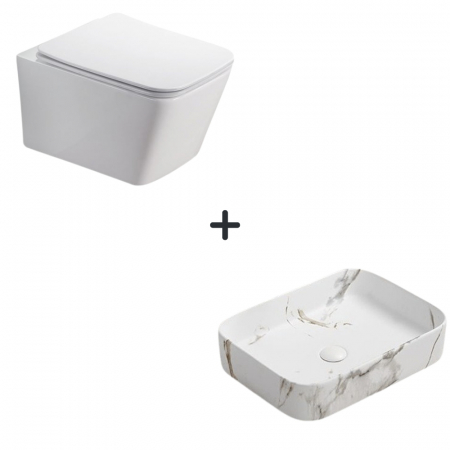 Baie completa - Set vas wc rimless cu capac soft close Paris plus lavoar baie dreptunghiular cu efect marmura