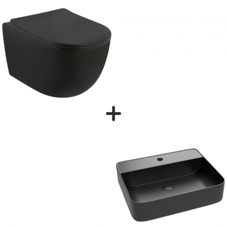 Seturi vase WC cu lavoar - Set vas wc cu capac soft close Oslo plus lavoar baie dreptunghiular cu orificiu baterie negru mat