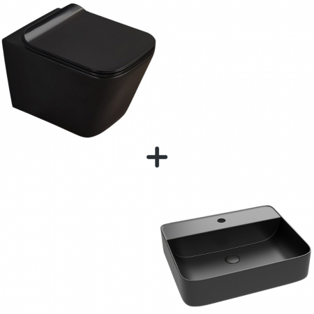 Seturi vase WC cu lavoar - Set vas wc rimless cu capac soft close Paris plus lavoar baie dreptunghiular cu orificiu baterie negru mat