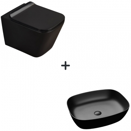 Baie completa - Set vas wc rimless cu capac soft close Paris plus lavoar baie dreptunghiular margini rotunde negru mat