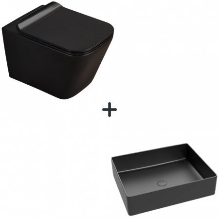 Seturi vase WC cu lavoar - Set vas wc rimless cu capac soft close Paris plus lavoar baie dreptunghiular negru mat
