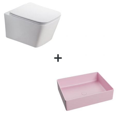 Seturi vase WC cu lavoar - Set vas wc rimless cu capac soft close Paris plus lavoar baie dreptunghiular roz mat