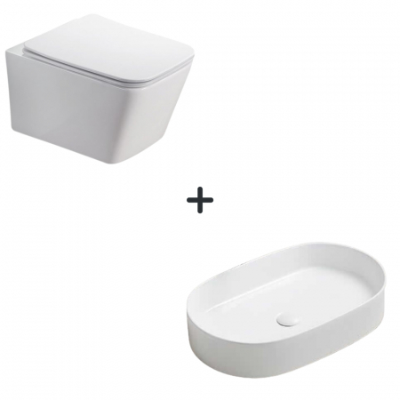 Baie completa - Set vas wc rimless cu capac soft close Paris plus lavoar baie oval alb lucios