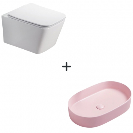 Baie completa - Set vas wc rimless cu capac soft close Paris plus lavoar baie oval roz mat