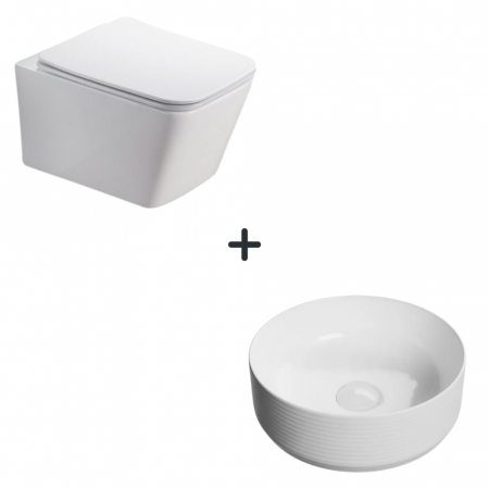 Baie completa - Set vas wc rimless cu capac soft close Paris plus lavoar baie rotund alb